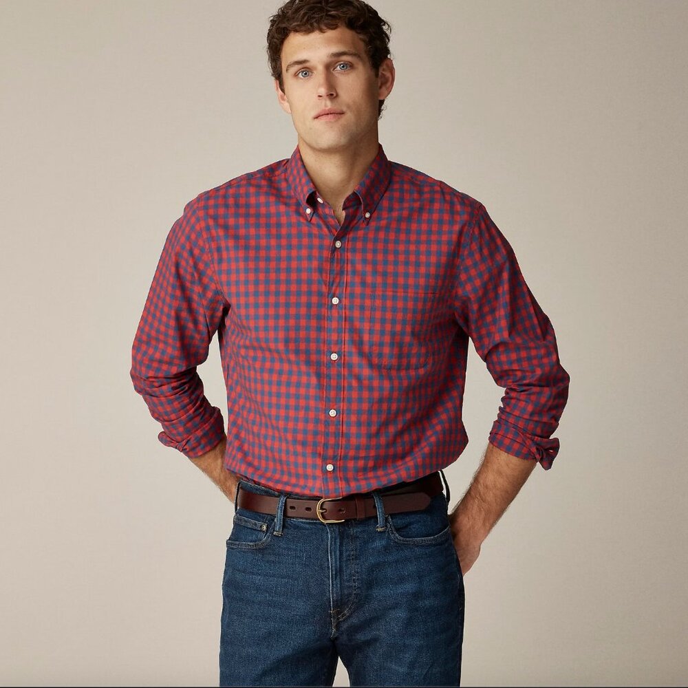 ✨NEW✨ J. Crew Navy and Red Gingham Secret Wash Classic Fit Cotton Poplin Shirt